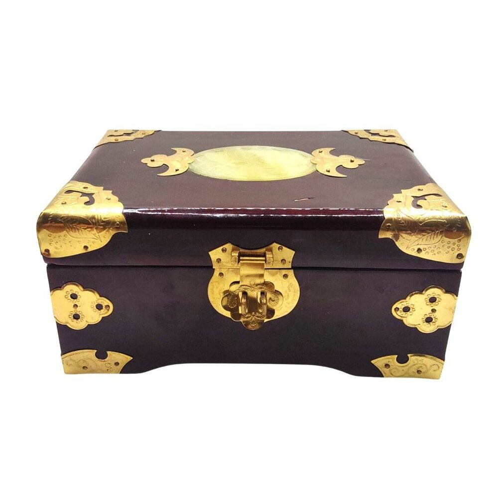 Vintage Chinese Rosewood Jewelry Box With Brass and Jade Accents & Red Lining
